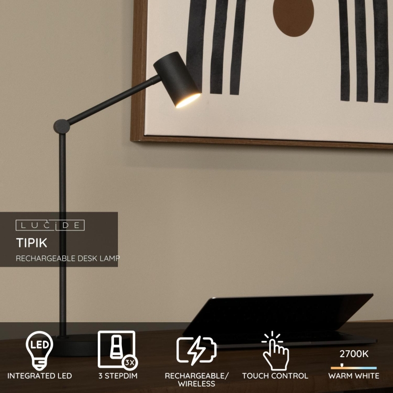 Lucide TIPIK - Nabíjacia stojanová lampa na čítanie - Batéria - LED Dim. - 1x3W 2700K - 3 StepDim - Čierny